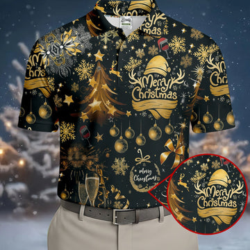 Champagne Golden Merry Christmas Men's Golf Polo Shirtistmas Golf Shirt, Golf Gift For Men