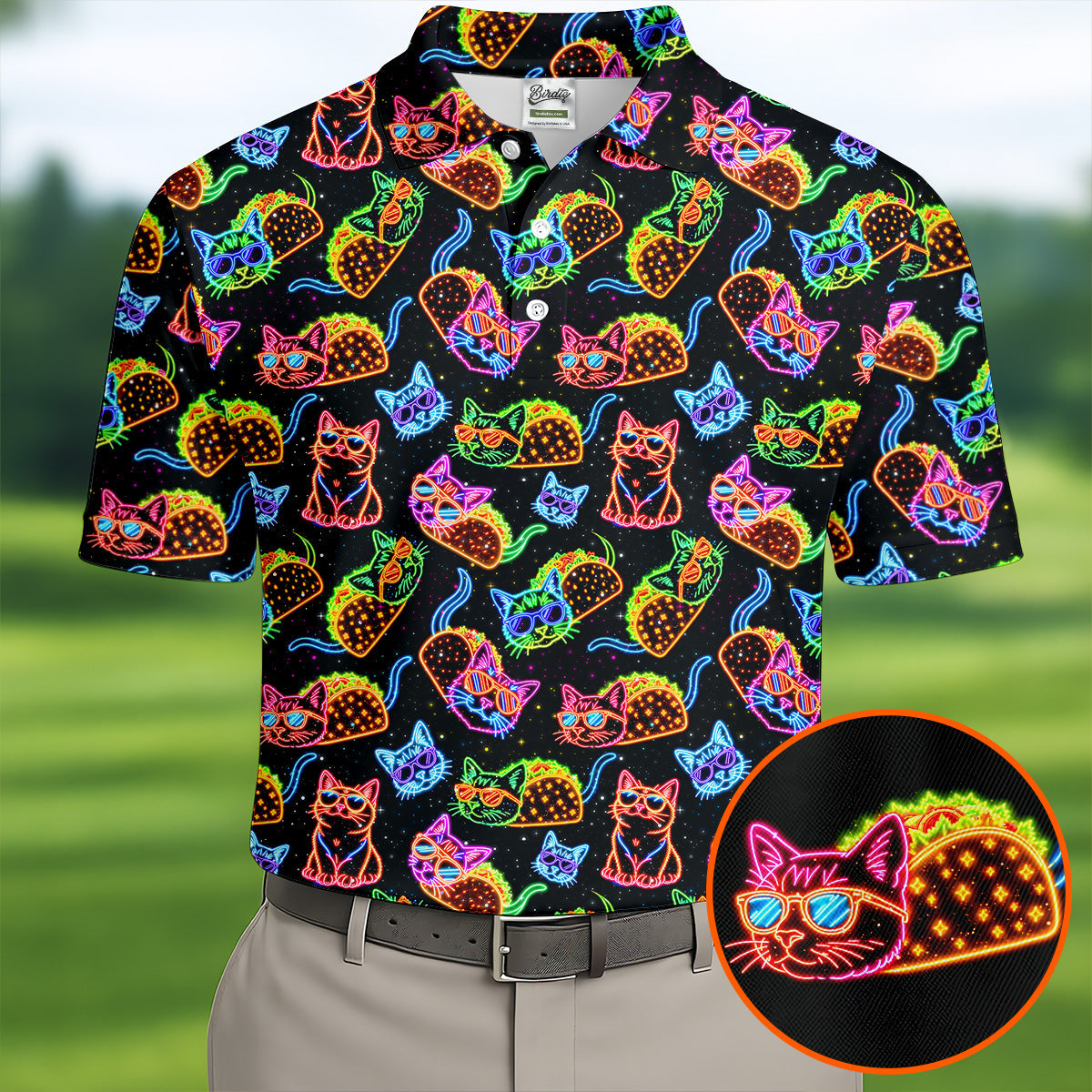Neon Cats Tropical Vibe Golf Tops For Men, Cute Golf Outfit, Golf Shirts For Men, Polo ShirtFor Men