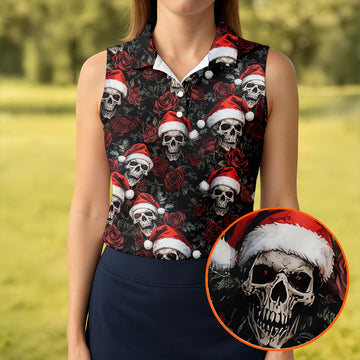 Vintage Skull And Roses Christmas Golf Shirt, Cool Golf Outfit, Ladies Golf Shirts, Women's Polo Shirt
