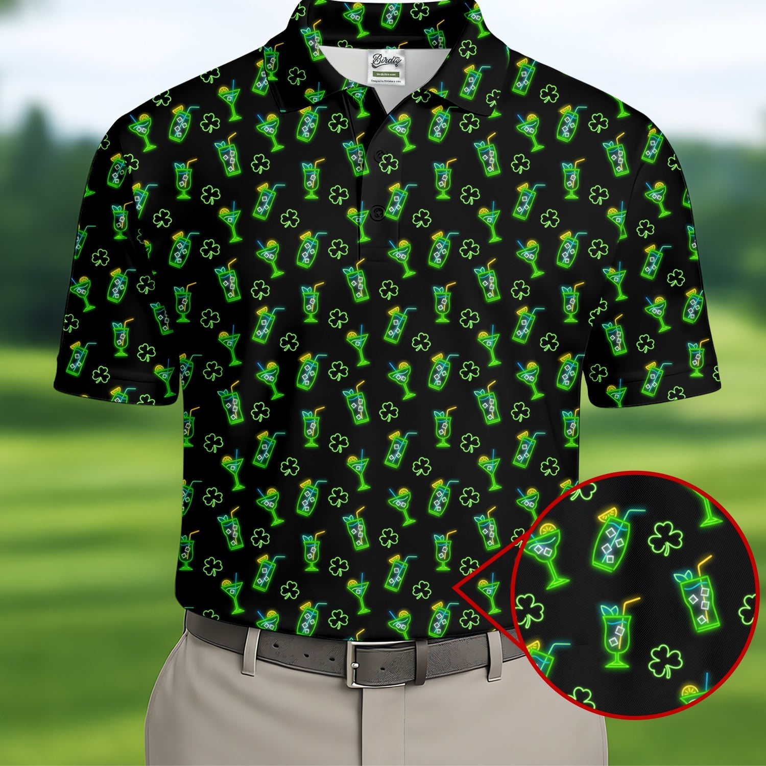 Neon Green Cocktails Three Leaf Clover St Patrick's Day Golf Shirt, Golf Gift For Men, Golf Shirts For Men