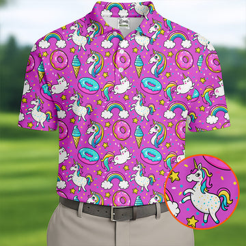 Funny Pink Donut Unicorn Mens Golf Shirts, Polo ShirtFor Men, Cute Golf Outfit, Golfing Apparel