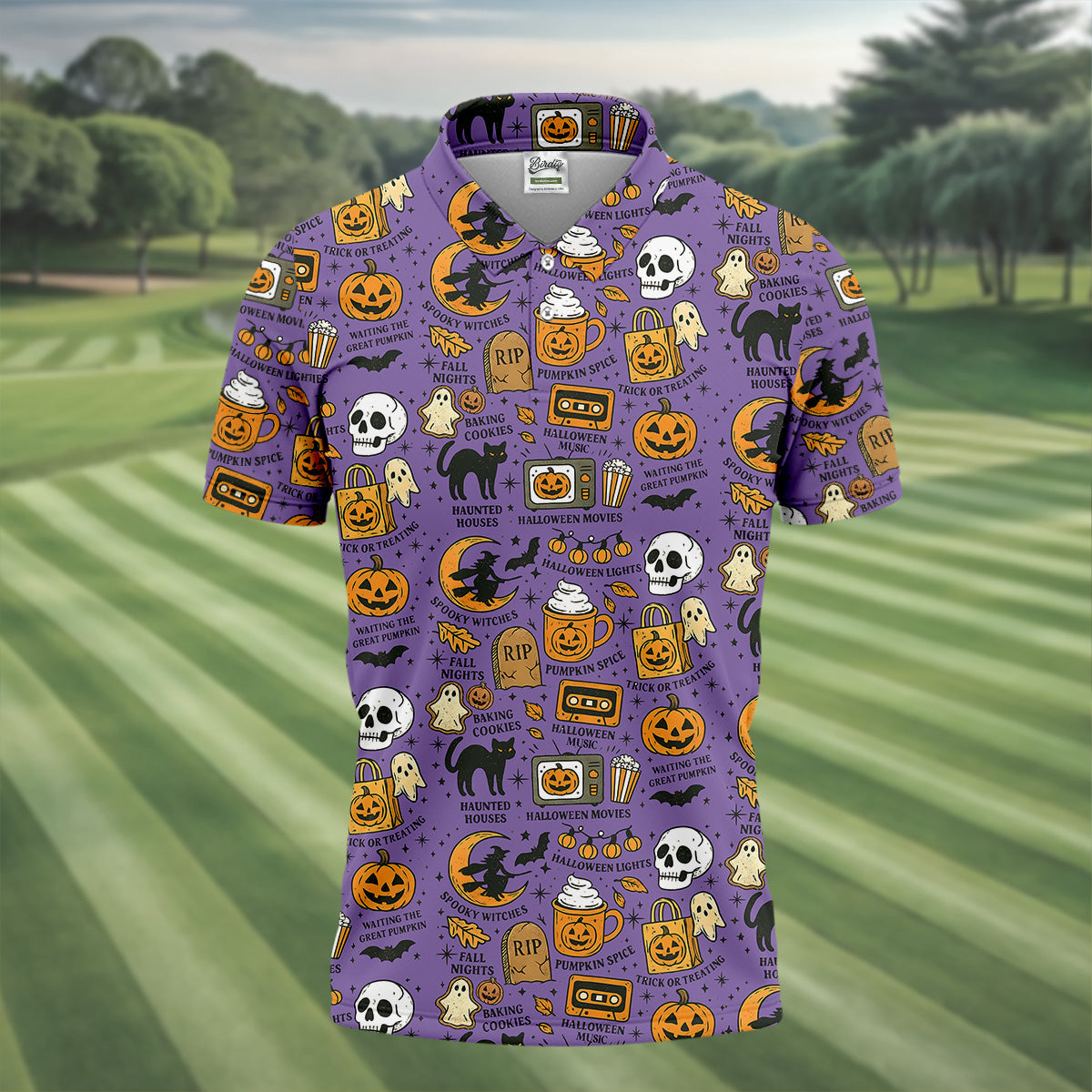 Purple Halloween Skull Golf Shirt, Spooky Cat, Mens Golf Polo Shirt Halloween Theme Shirts, Golfing Apparel