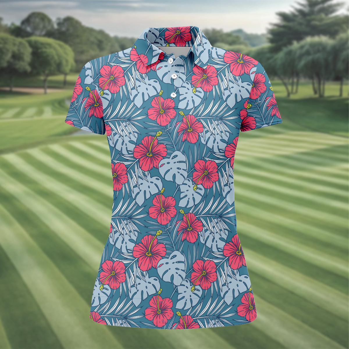 Hibiscus Flower And Leaf Patterned Golf Shirts, Womens Golf Polo Shirt Tropical Golf Shirts