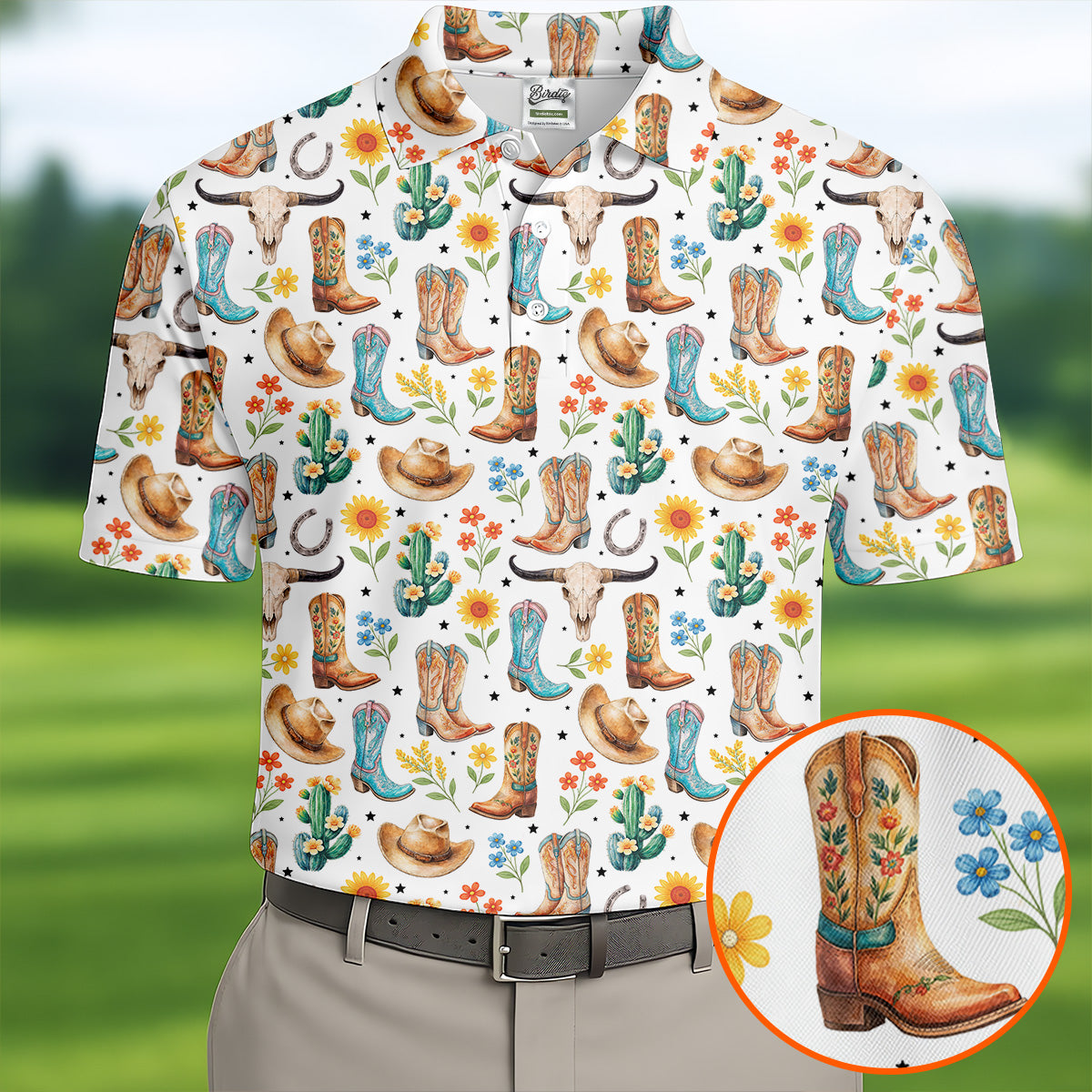 Western Cowboy Boots Floral Pattern Golf Shirt, Mens Golf Apparel, Golf Polo Shirts For Men