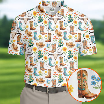 Western Cowboy Boots Floral Pattern Golf Shirt, Mens Golf Apparel, Golf Polo Shirts For Men