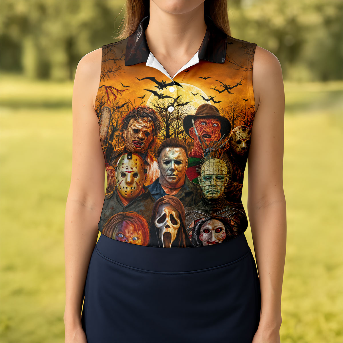 Halloween Horror Character Hawaiian Golf Shirt, Women’s Golf Tops, Golf Shirts For Women
