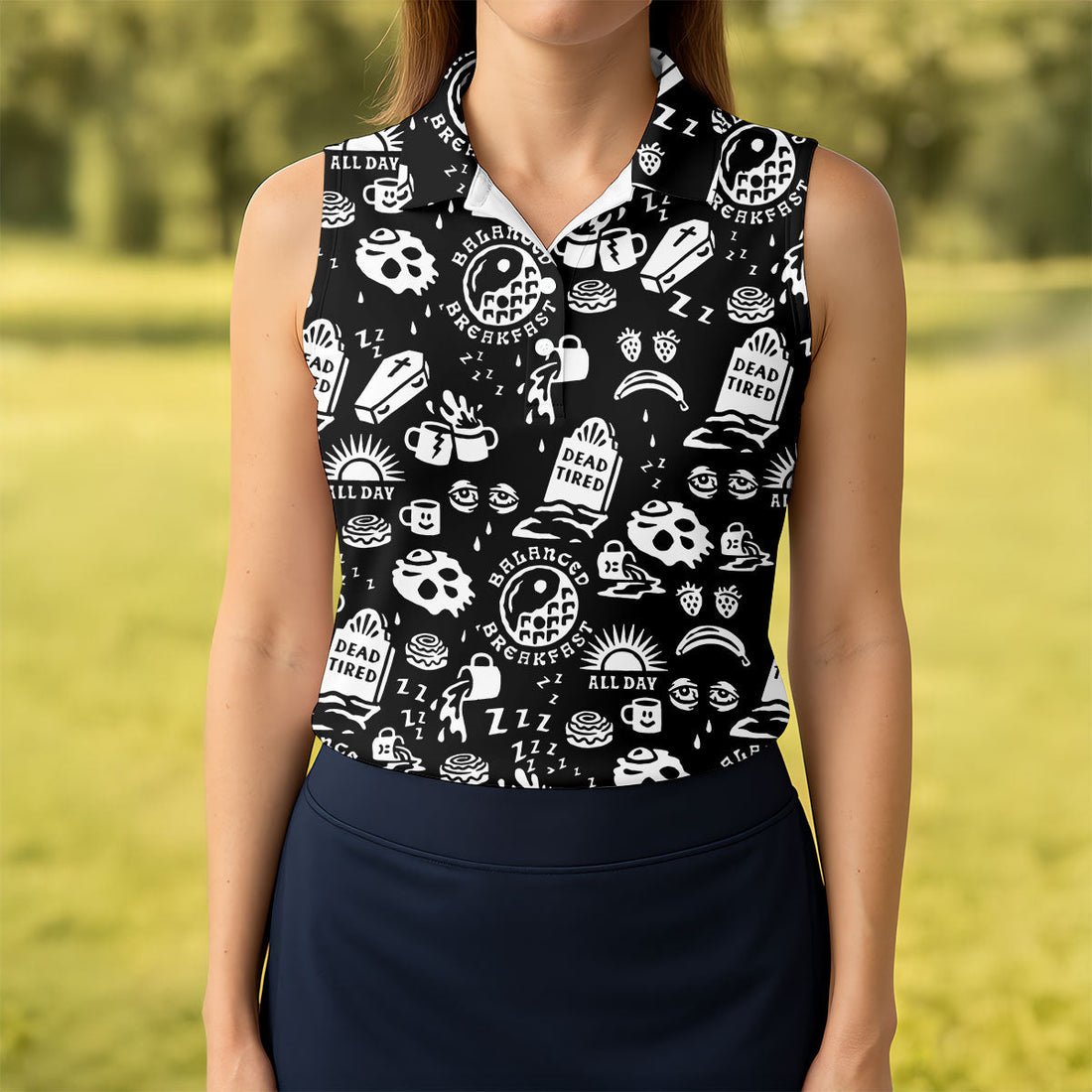 Dead Tired Coffee Breakfast Pattern Golf Shirt, Women's Golf Tops, Golf Shirts For Women