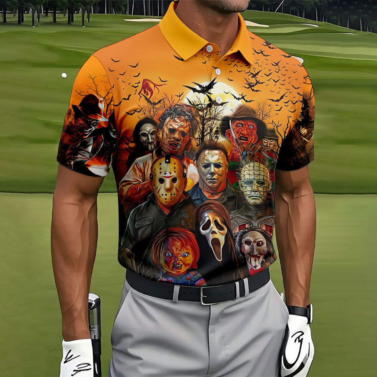 Halloween Horror Character Sunset Hawaiian Golf Shirt, Men's Golf Shirt, Printed Golf Shirts