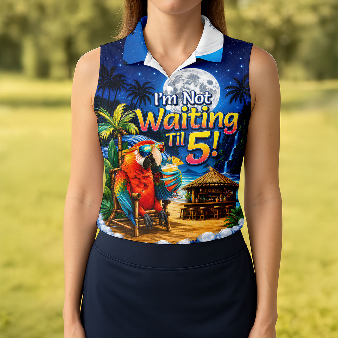 Parrot Drinking Cocktail Tiki Bar Not Waiting Til 5 Golf Shirt, Women’s Golf Polo, Golf Tops For Women, Printed Golf Shirt