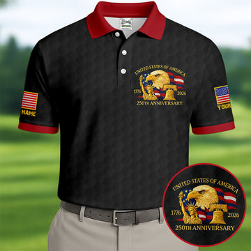 United States 250th Anniversary Patriotic Eagle Black Custom Golf Shirts, 4th Of July Golf Shirts For Men