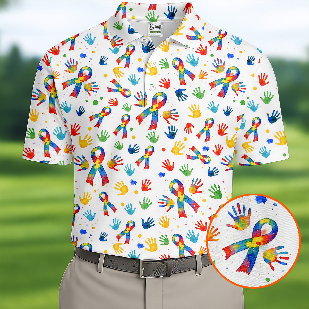Colorful Handprints Autism Ribbon Golf Tops For Men, Autism Awareness Color Golf Shirts For Men