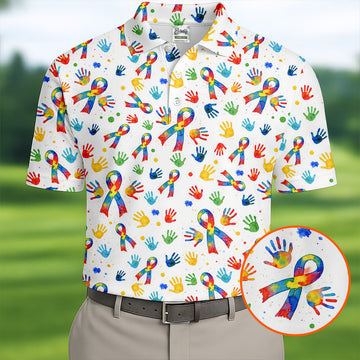 Colorful Handprints Autism Ribbon Golf Tops For Men, Autism Awareness Color Golf Shirts For Men