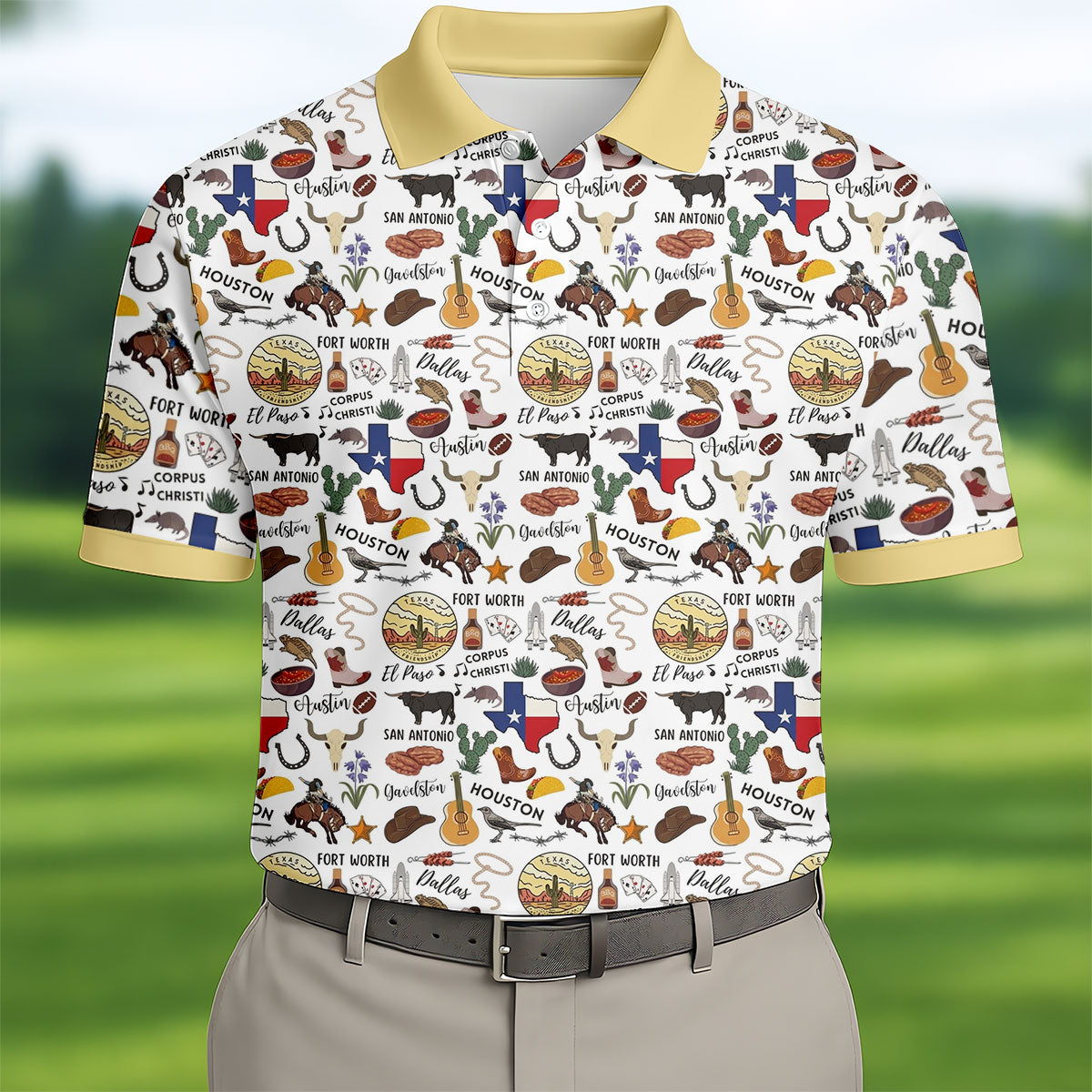 Texas Symbols Western Theme Doodle Style Golf Tops For Men, Polo Shirtor Men, Golf Shirts For Men
