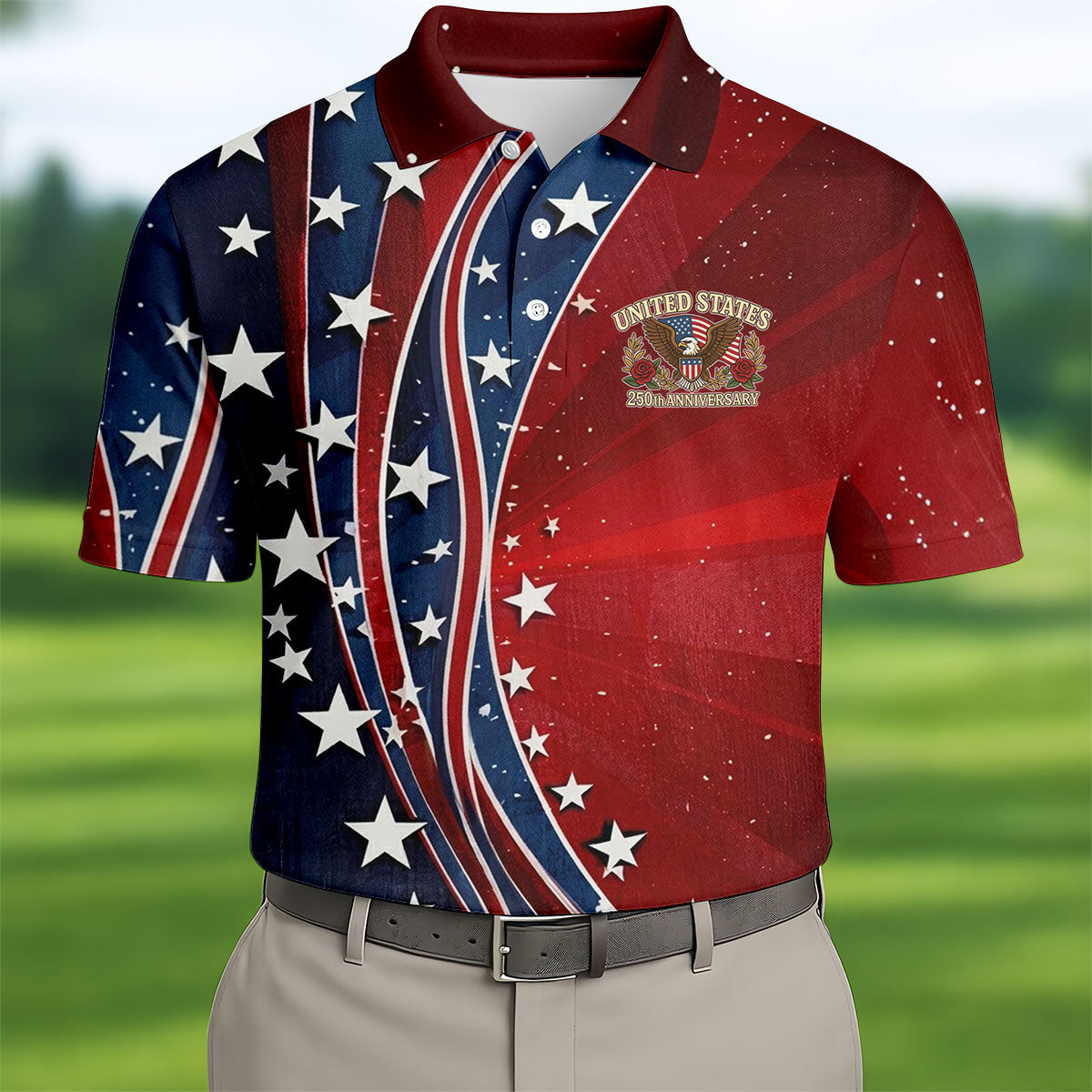 US 250th Anniversary Red White Navy Stars And Stripes Patriotic Golf Shirt, 4th Of July Golf Shirts For Men