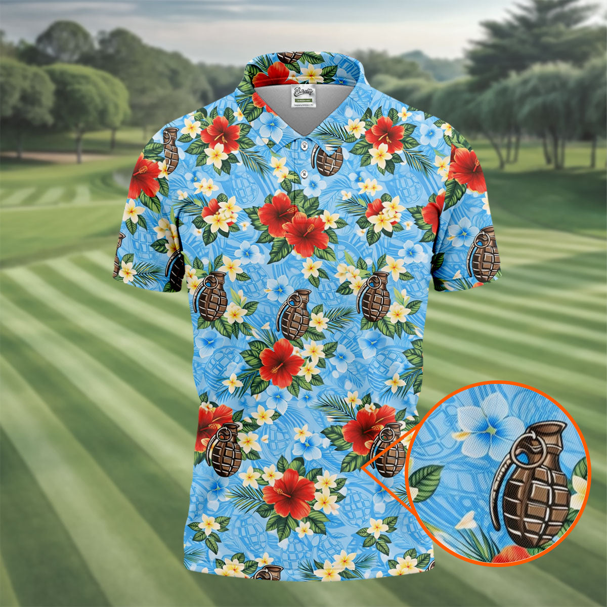 Floral Pattern Army Theme Hawaiian Blue Golf Shirt, Men's Golf Polo ShirtShirts For Men