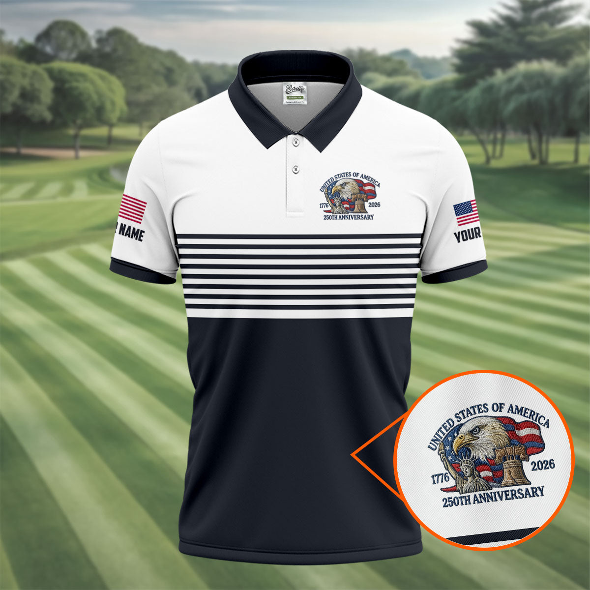 250th Anniversary Black Stripes Vintage Golf Shirt, Patriotic 4th Of July Golf Shirts For Men