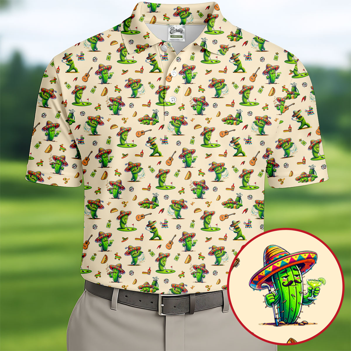 Cartoon Mustach Funny Cactus Cinco De Mayo Celebration Fiesta Themed Beige Golf Shirts For Men