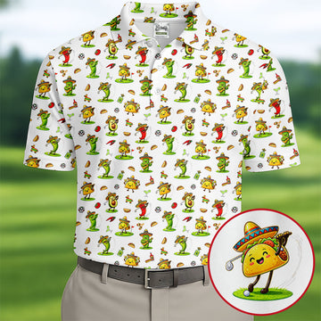 Mexican Cartoon Food Characters Cinco De Mayo Celebration Fiesta Themed White Golf Shirts For Men