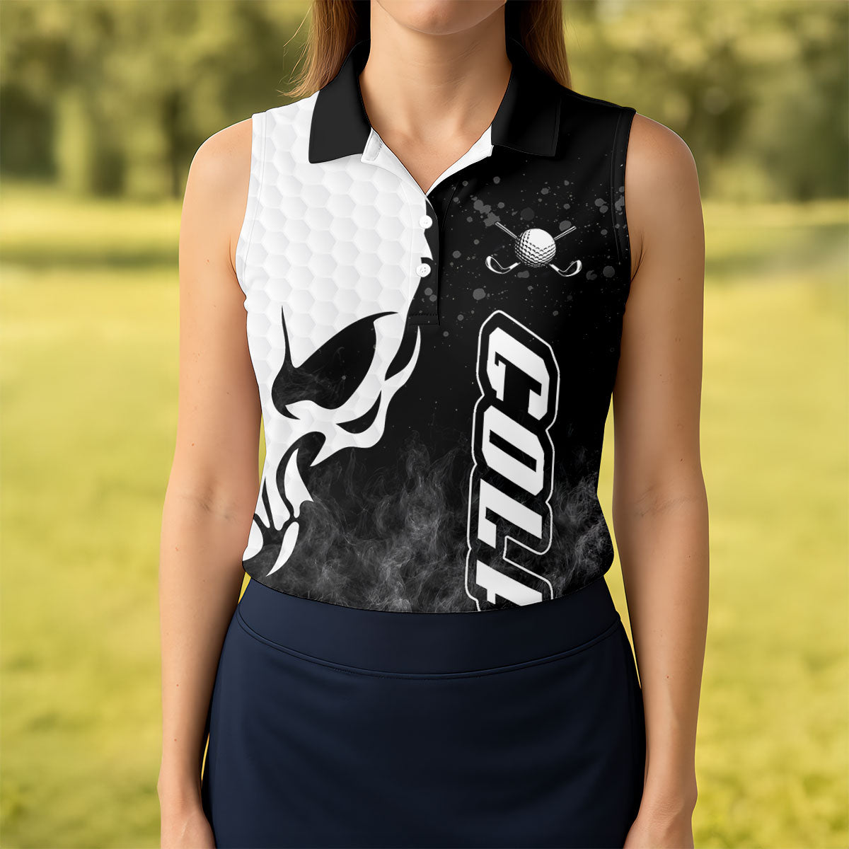 Monochrome Skull Golf Ball Graphic Golf Shirt, Golf Polo For Women, Printed Golf Shirt