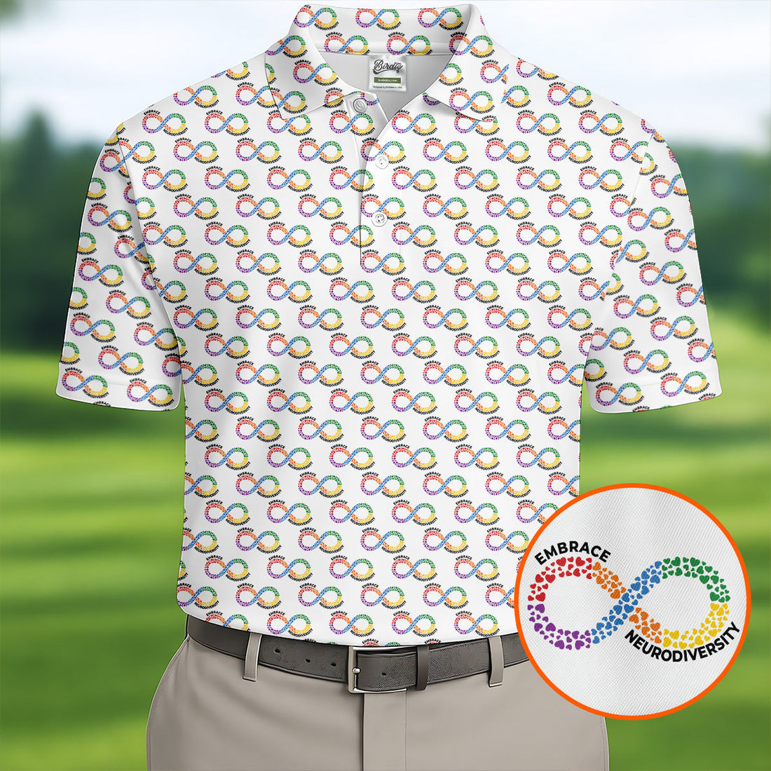 Embrace Neurodiversity Rainbow Infinity Symbol Autism Awareness White Golf Shirt, Golf Shirts For Men