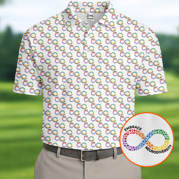 Embrace Neurodiversity Rainbow Infinity Symbol Autism Awareness White Golf Shirt, Golf Shirts For Men