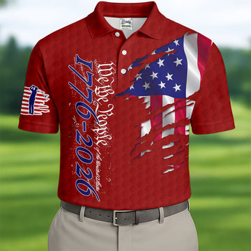 We The People Distressed American Flag Red Golf Shirt, 4th Of July Golf Shirts For Men