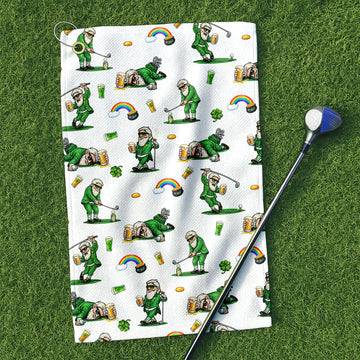 St. Patrick's Day Leprechaun Golf Towel White With Beer And Lucky Shamrock, Golf Towel, Funny Golf Gift