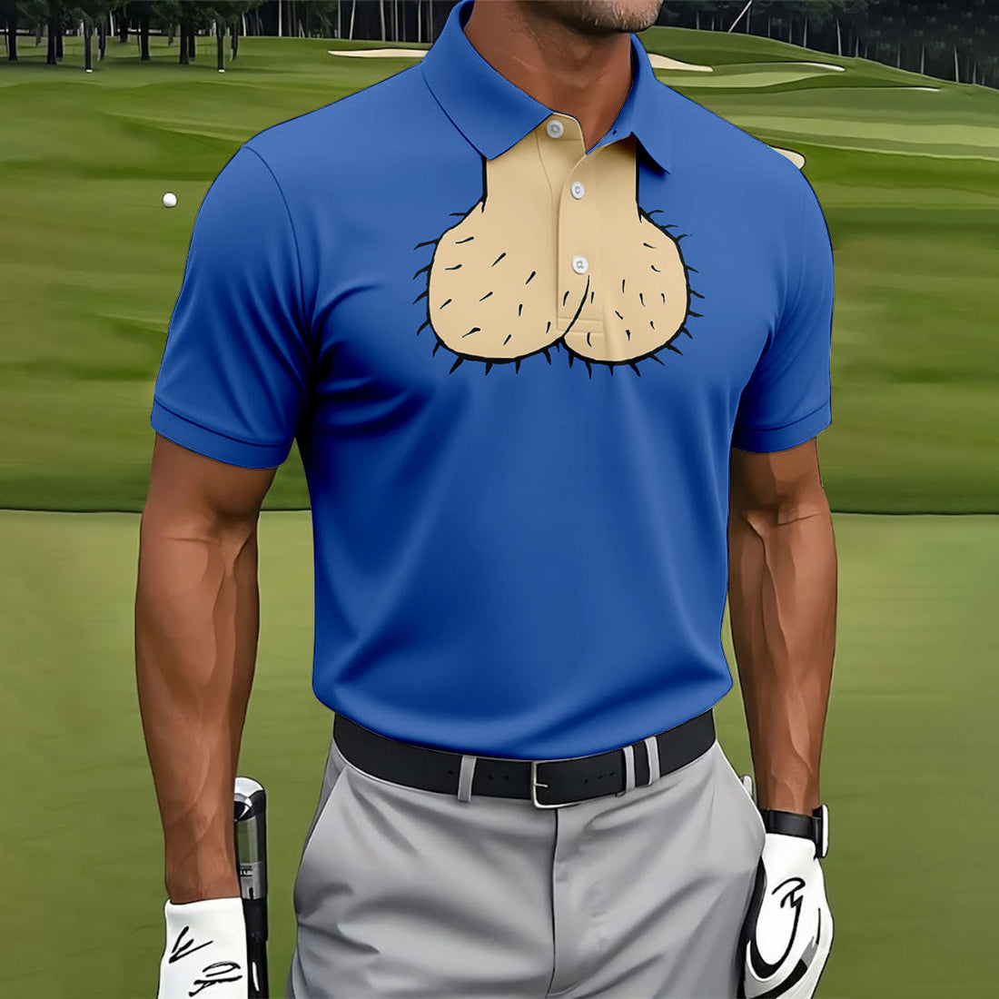 Blue Funny Dickhead Faux Chest Golf Shirt, Men's Polo Shirts, Polo Shirts For Men