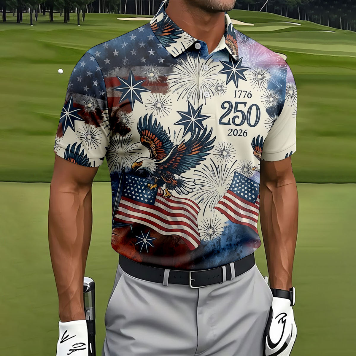 United States 250th Anniversary Patriotic Eagle Vintage Golf Shirt, 4th Of July Golf Shirts For Men