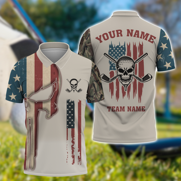 Custom Men's Golf Polo ShirtSkull Golf Shirt, Patriotic Golf Shirt, Gift For Golfers