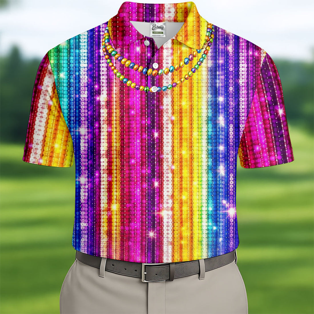 Mardi Gras Sequinned Glitter Print Golf Tops For Men, Polo ShirtFor Men, Golf Shirts For Men