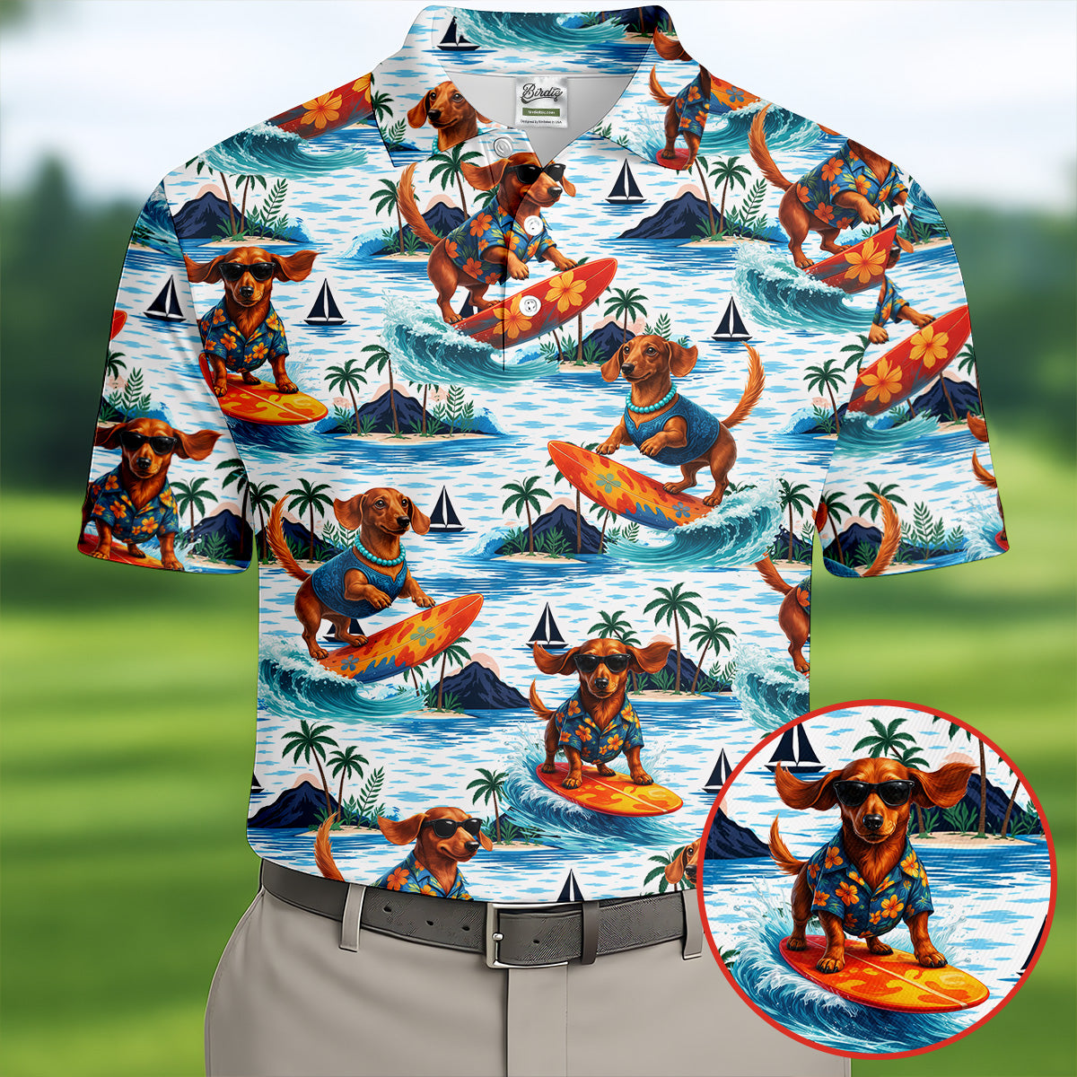 Funny Dachshund Surfing Beach Hawaiian Golf Shirt, Summer Vibe Golf Shirts For Men