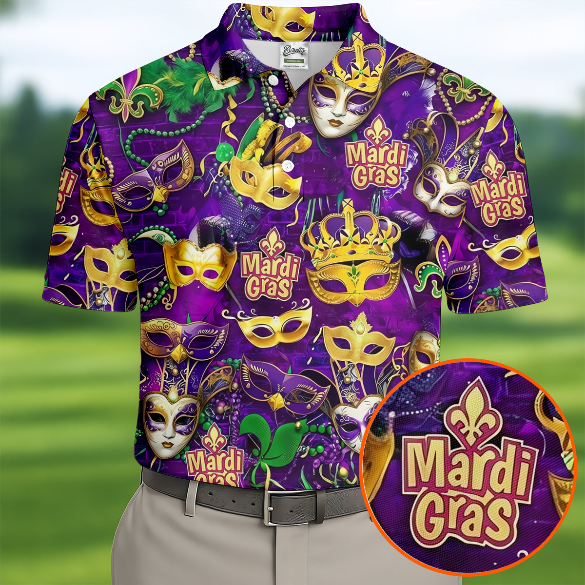 Purple Green Gold Festival Mask Mardi Gras Golf Shirt, Golf Tops For Men, Golf Shirts For Men