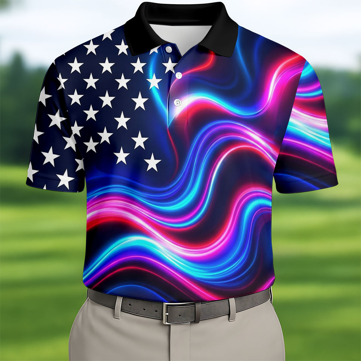 Star Pattern Neon Color Wavy Stripes 250th Anniversary, Patriotic 4th Of July Golf Shirts For Men
