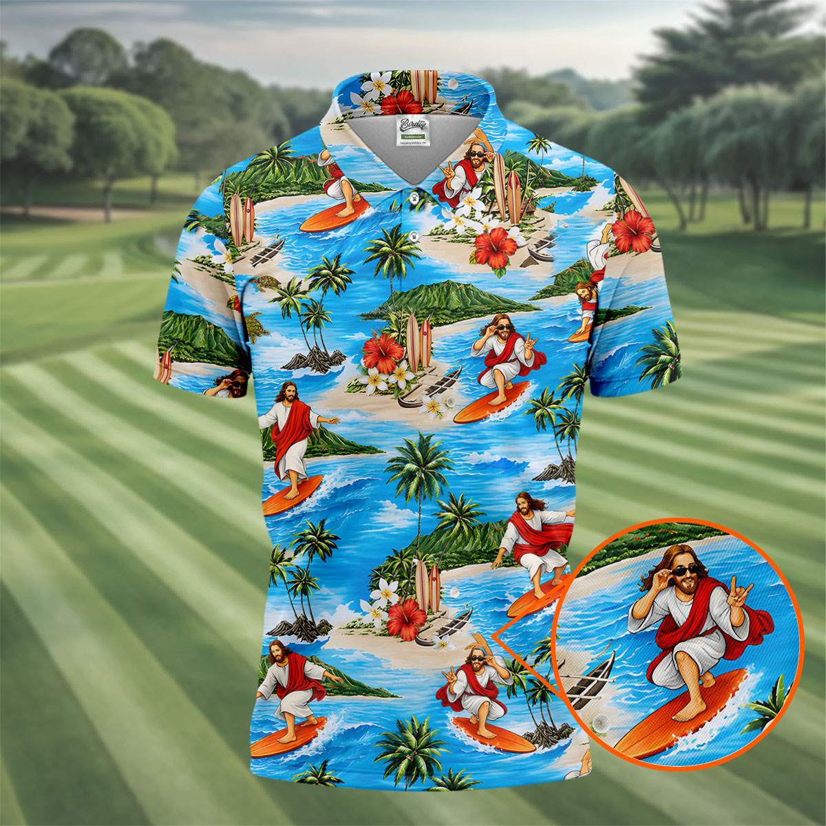 Funny Beach Surfer Jesus Hawaiian Golf Shirt, Mens Golf Polo, Printed Golf Shirts