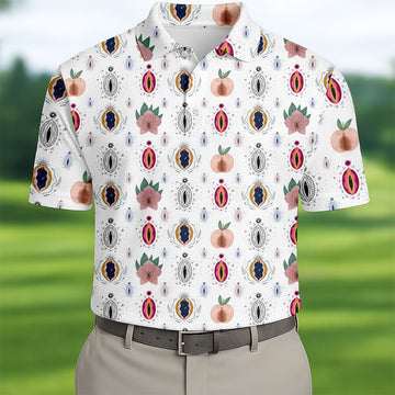 Abstract Peach Botanical Pattern Golf Shirt, Mens Golf Polo, Golf Apparel For Men