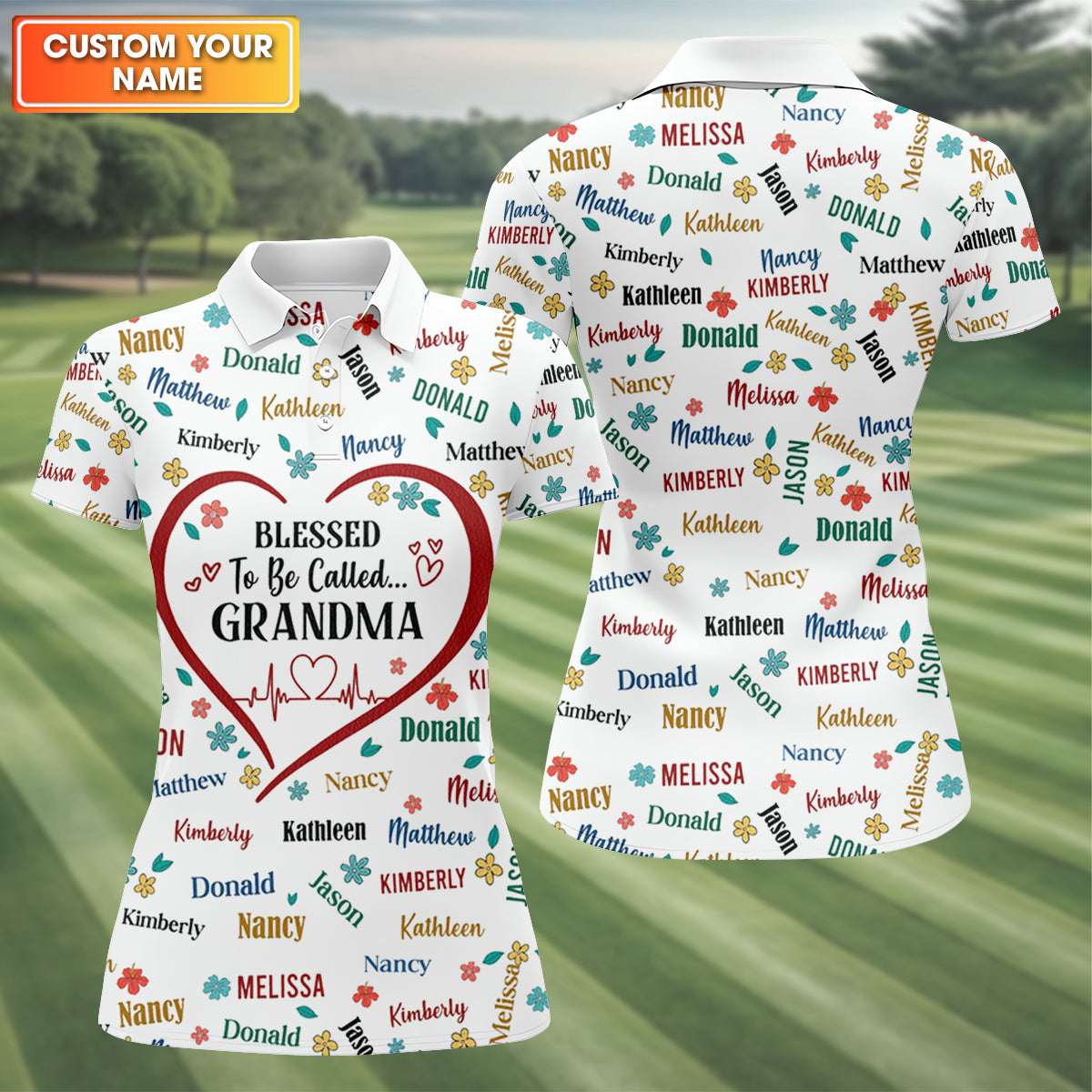 Blessed To Be Call Grandma Custom Name Women's Golf Tops, Cute Golf Outfit, Ladies Golf Polos, Golf Gift For Ladies
