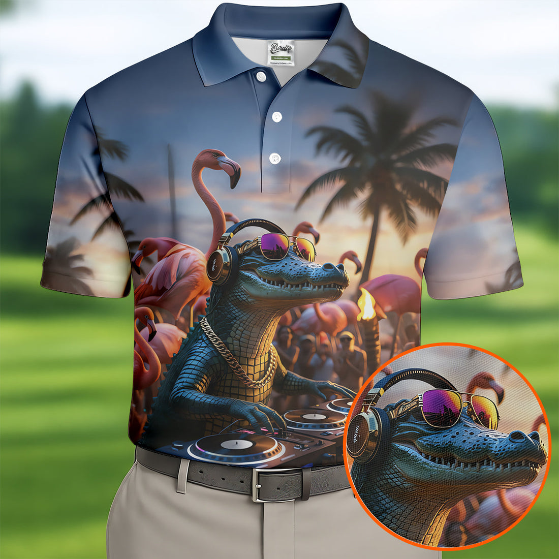 Funny Crocodile DJ Mardi Gras Festival Flamingo Golf Shirt, Polo ShirtFor Men, Golf Shirts For Men