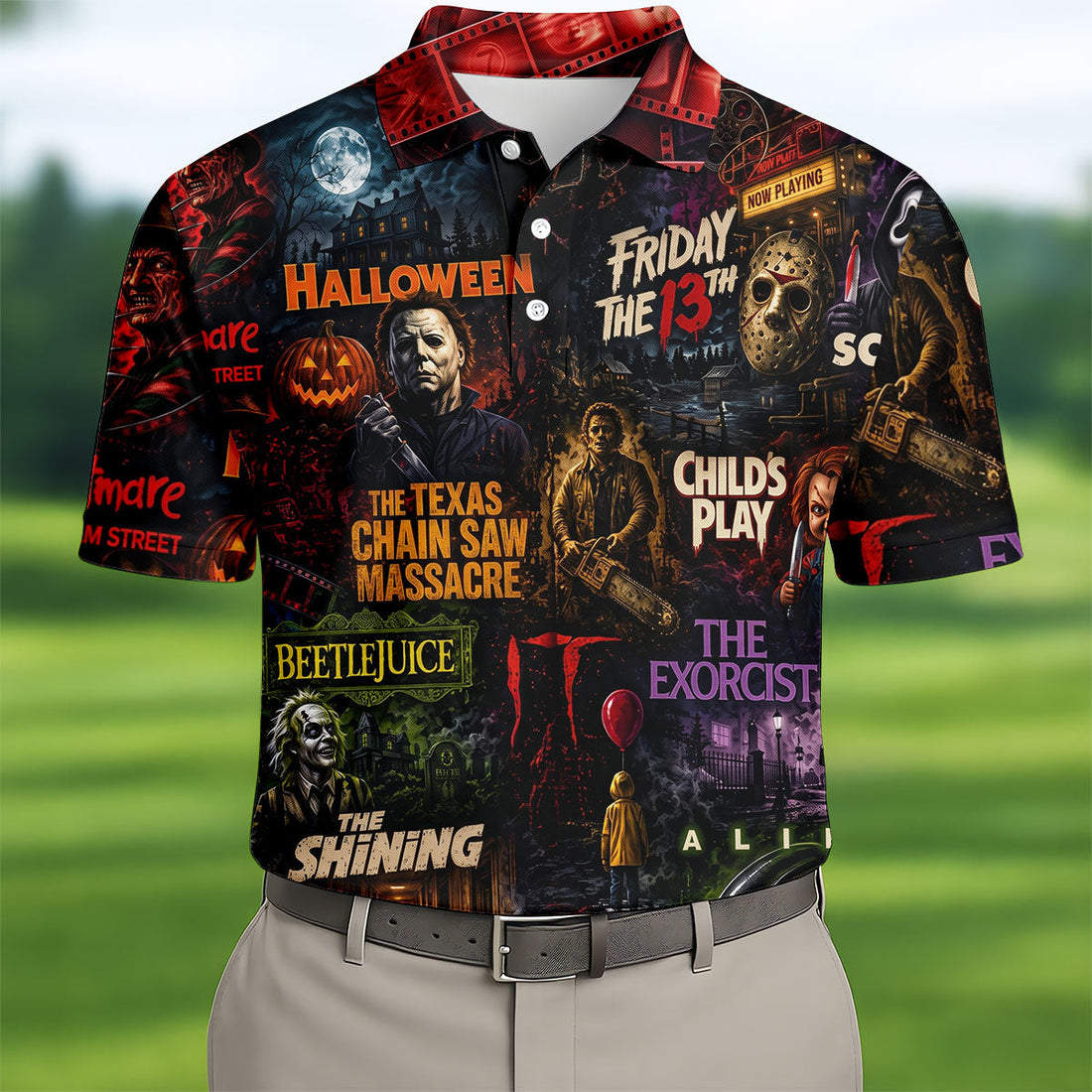 Classic Horror Character Movie Poster Collage Golf Polo Shirt, Mens Golf Polo, Printed Golf Shirts