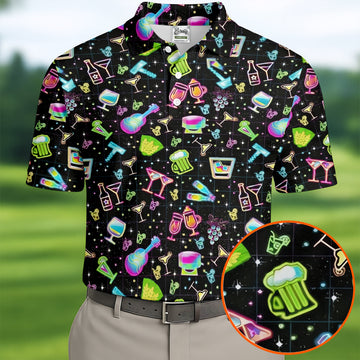 Neon Cocktail Party Pattern Design Hawaiian Golf Shirt, Golf Shirts For Men, Polo Shirts For Men
