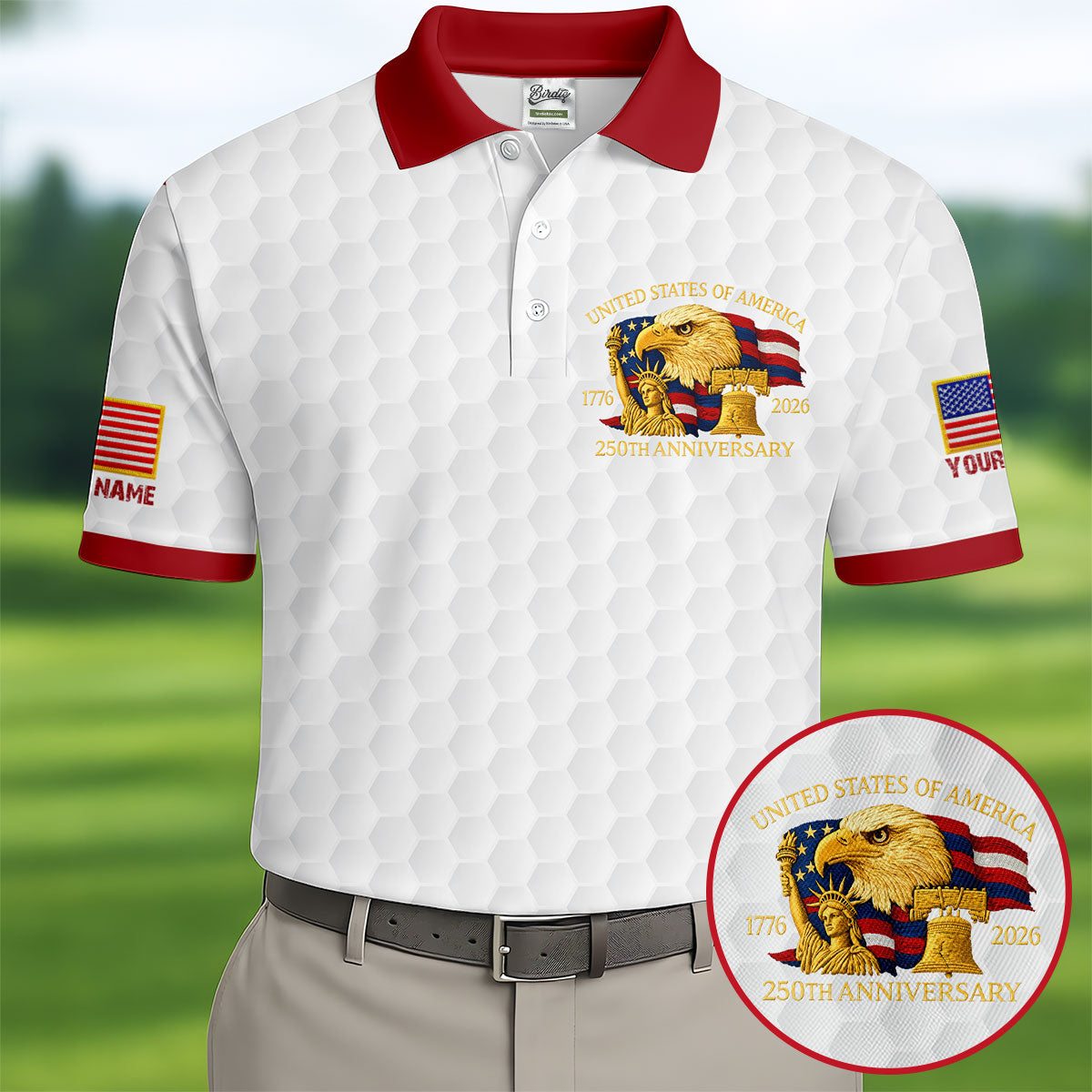 United States 250th Anniversary Patriotic Eagle White Custom Golf Shirts, 4th Of July Golf Shirts For Men