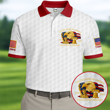United States 250th Anniversary Patriotic Eagle White Custom Golf Shirts, 4th Of July Golf Shirts For Men