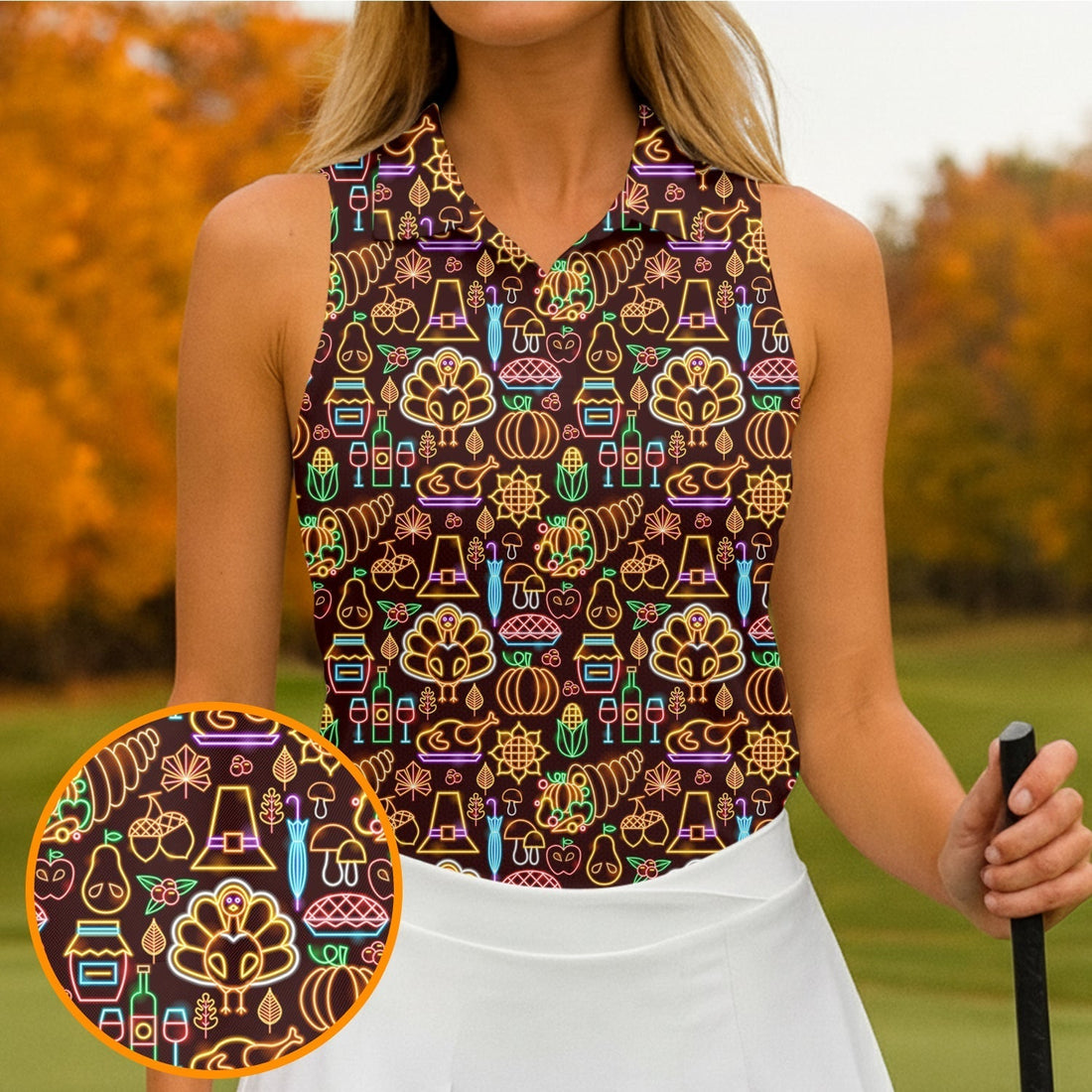Thanksgiving Party Neon Print Women Golf Top, Ladies Golf Polos, Golf Gifts For Women