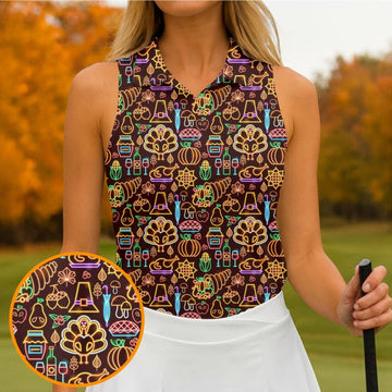 Thanksgiving Party Neon Print Women Golf Top, Ladies Golf Polos, Golf Gifts For Women