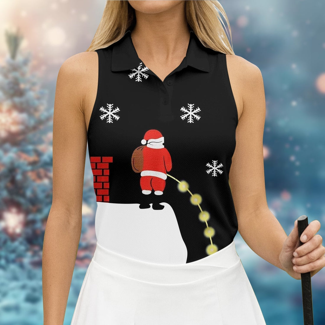 Santa Peeing Funny Christmas Women's Golf Tops, Fun Women's Golf Shirts, Christmas Golf Shirt, Ladies Golf Tops