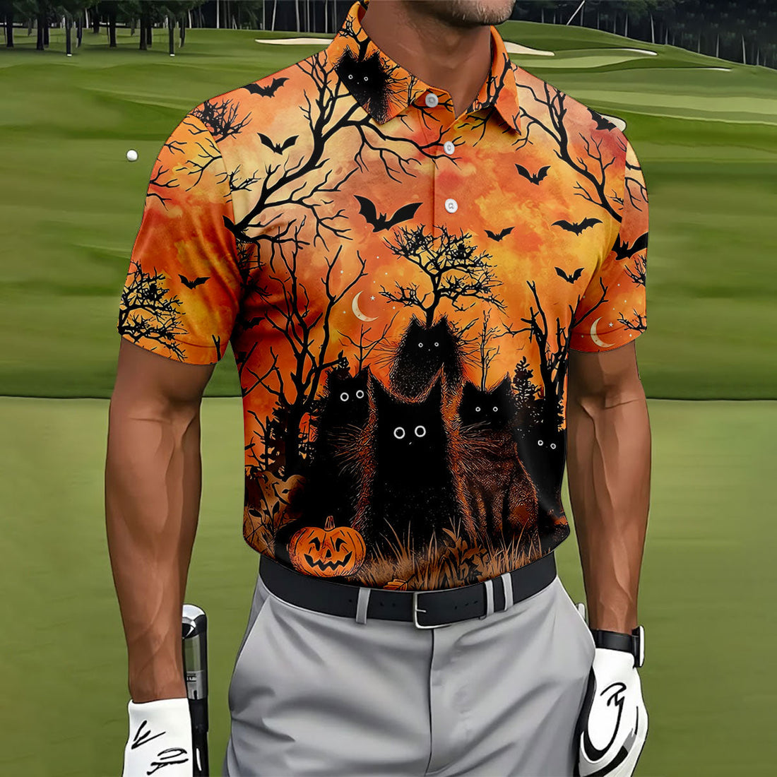 Spooky Black Cat Halloween Golf Polo Shirt, Men's Golf Shirts, Hawaiian Golf Shirt