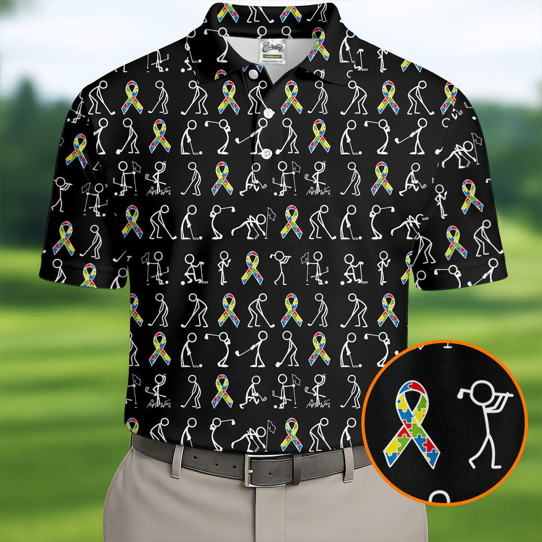 Stick Figure Golf Pose Autism Ribbon Black Golf Shirt, Autism Awareness Colors Golf Shirts For Men