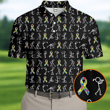 Stick Figure Golf Pose Autism Ribbon Black Golf Shirt, Autism Awareness Colors Golf Shirts For Men