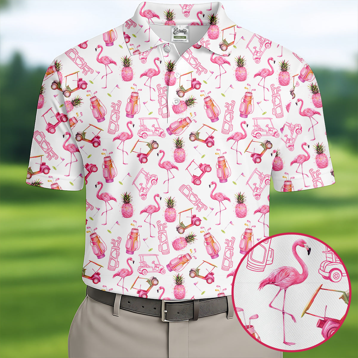 Funny Flamingo Pink Pineapple Tropical Vibe Golf Tops For Men, Men's Funny Golf Shirts, Polo Shirtor Men