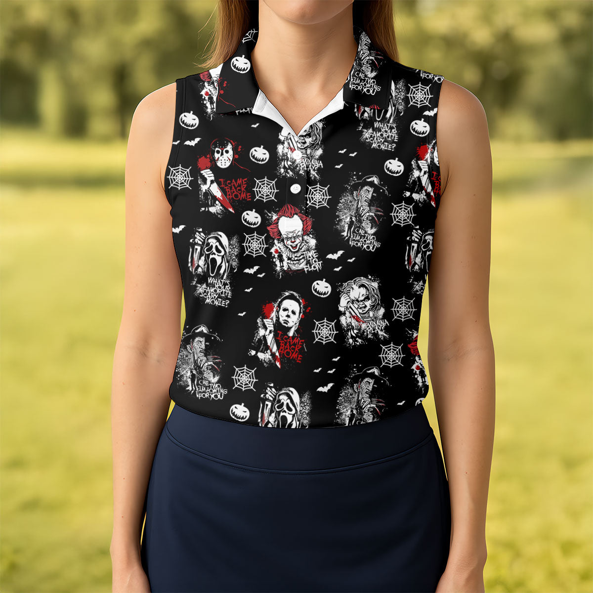 Funny Horror Character Women's Golf Polo ShirtScary Movie Shirt, Fun Golf Polo ShirtFunny Halloween Gift